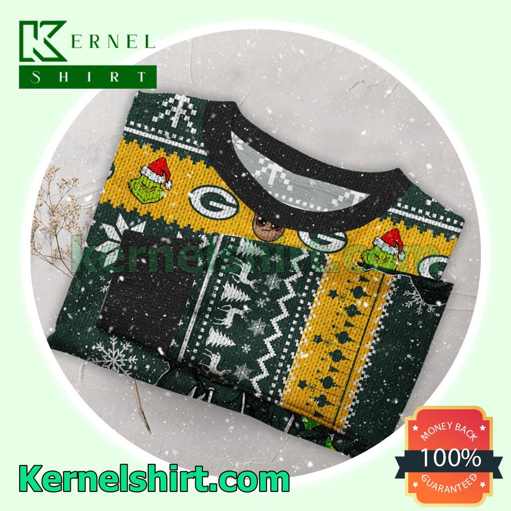 Green Bay Packers Baby Groot And Grinch Xmas Knitted Sweater NFL Lover a