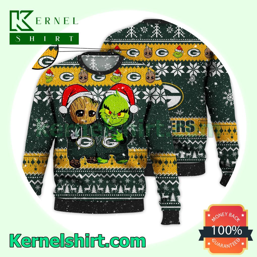Green Bay Packers Baby Groot And Grinch Xmas Knitted Sweater NFL Lover