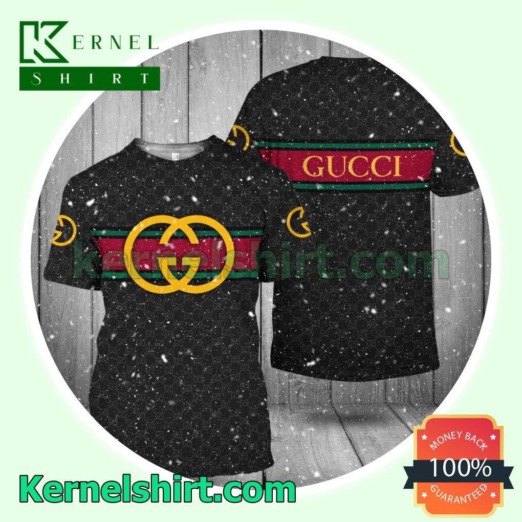 Gucci Black Monogram With Logo On Horizontal Stripes Logo 3D T-Shirt