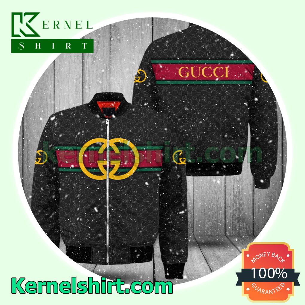 Gucci Black Monogram With Logo On Horizontal Stripes Varsity Jacket Coat Outwear