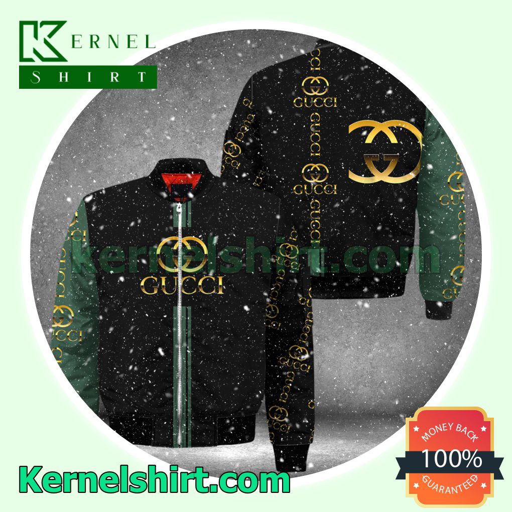 Gucci Brand Name And Logo Print Black And Green Varsity Jacket Coat Outwear