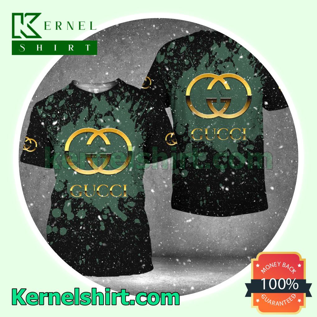 Gucci Logo Center Green Splash Black Logo 3D T-Shirt