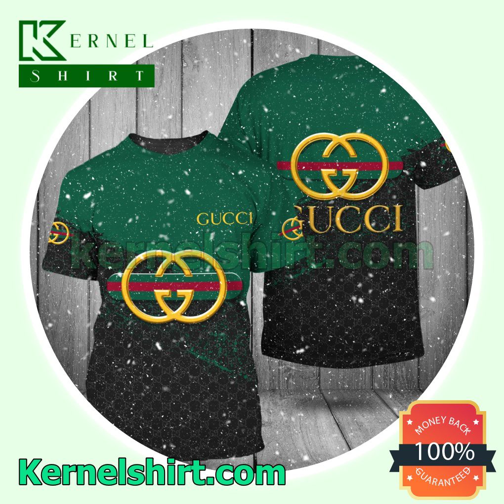 Gucci Logo Center Half Black Monogram Half Green Logo 3D T-Shirt