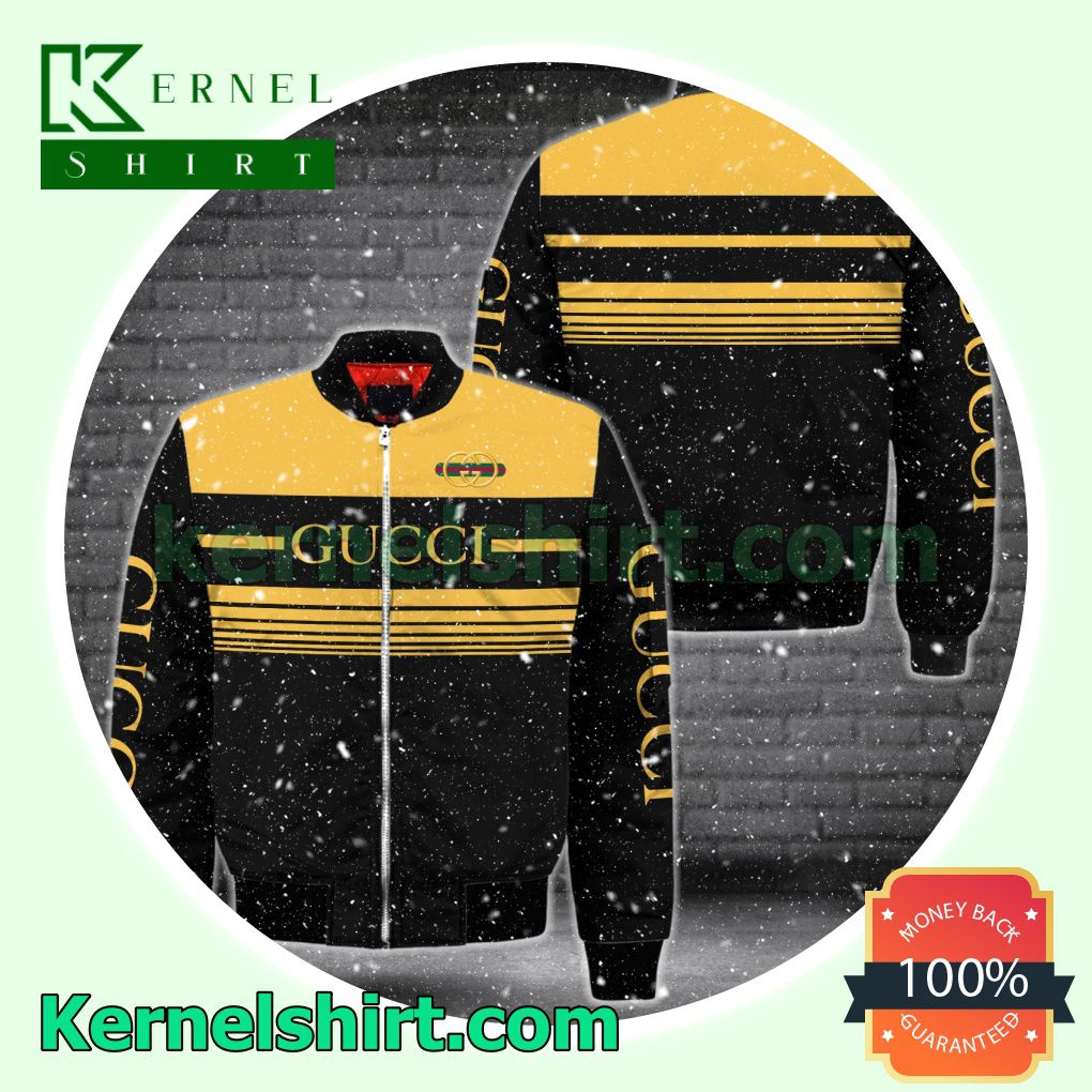 Gucci Luxury Black With Yellow Horizontal Stripes Varsity Jacket Coat Outwear