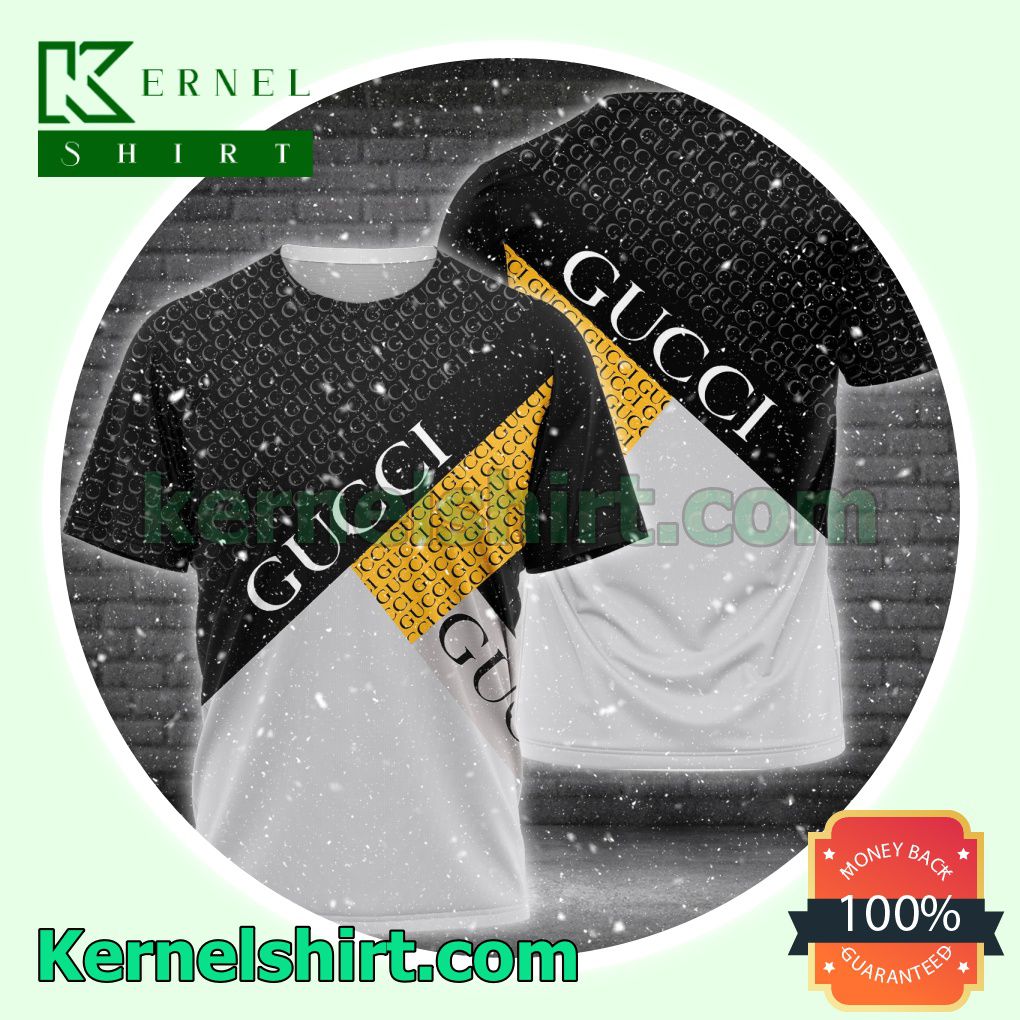 Gucci Luxury Brand Name Print Black And Grey Logo 3D T-Shirt