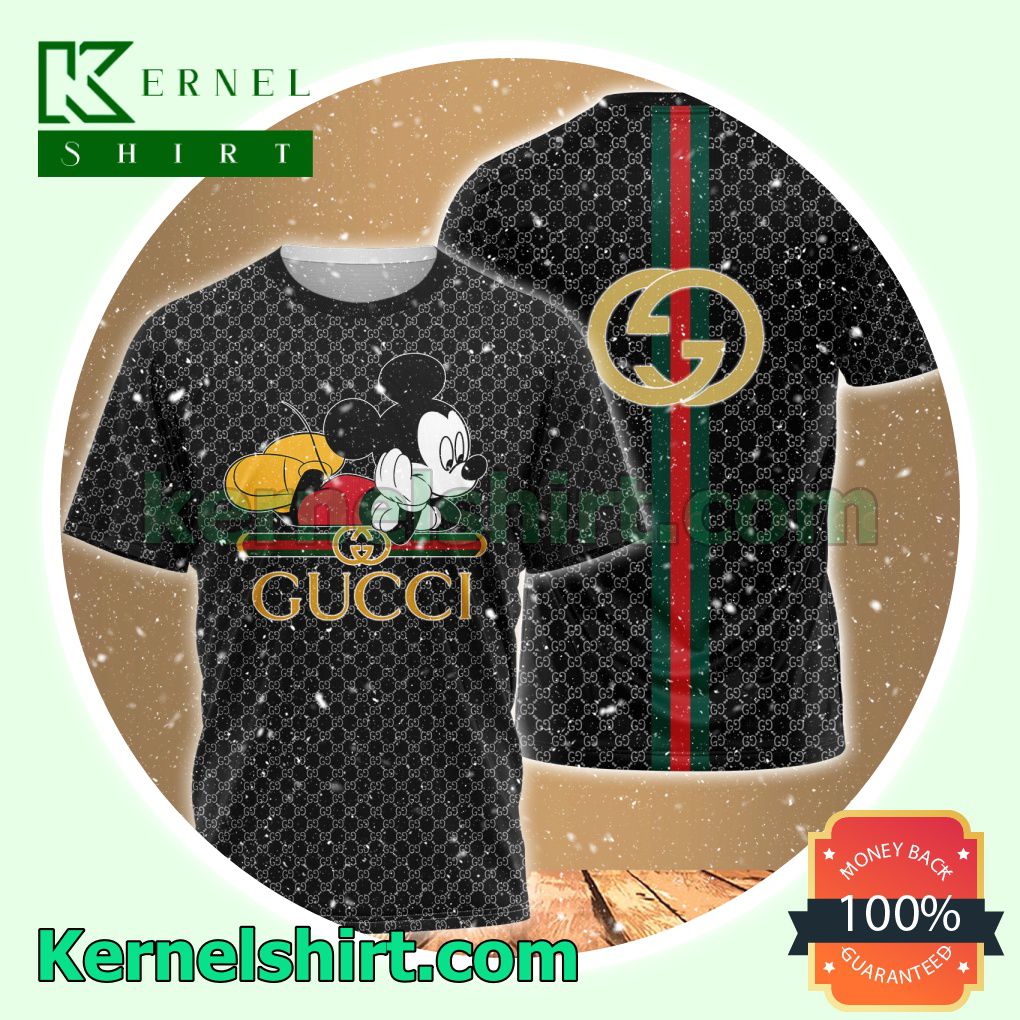 Gucci Mickey Mouse Black Monogram With Red Green Stripes Logo 3D T-Shirt