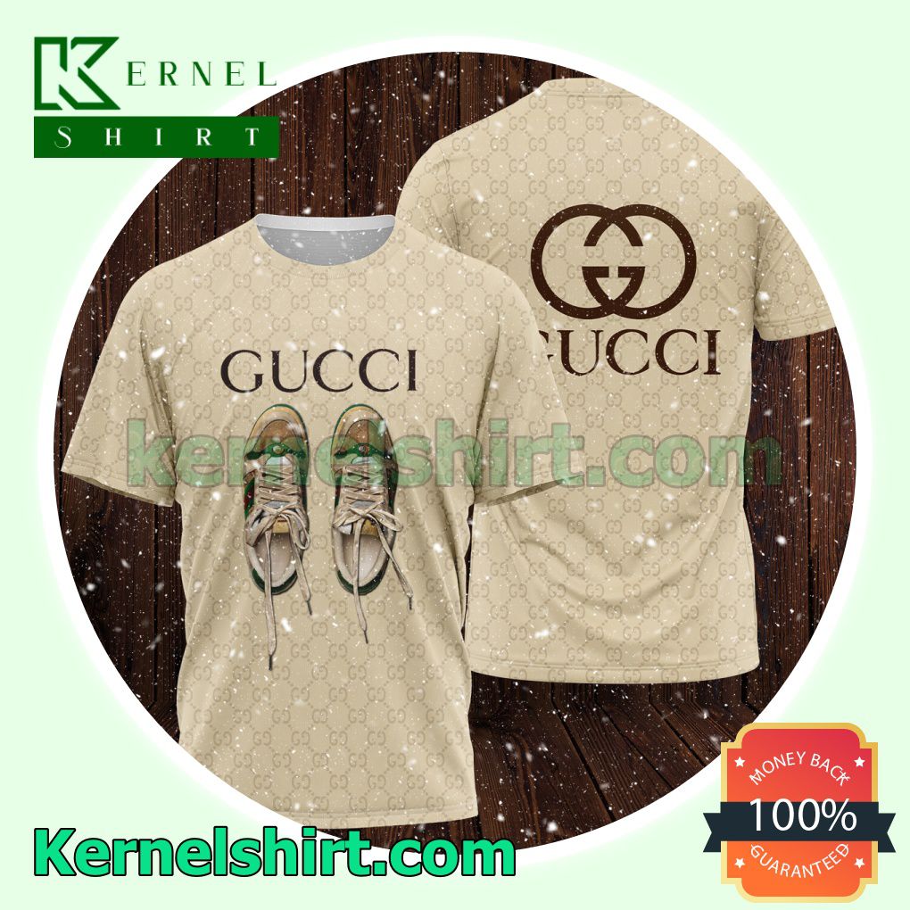 Gucci Shoes Printed Beige Monogram Logo 3D T-Shirt