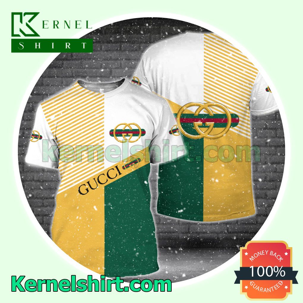 Gucci Stripe Logo White Mix Green And Yellow Logo 3D T-Shirt