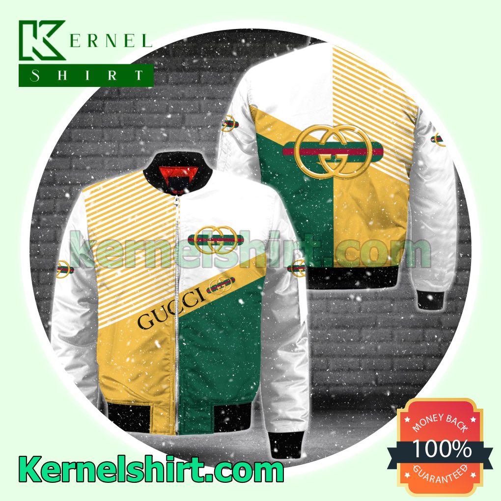 Gucci Stripe Logo White Mix Green And Yellow Varsity Jacket Coat Outwear