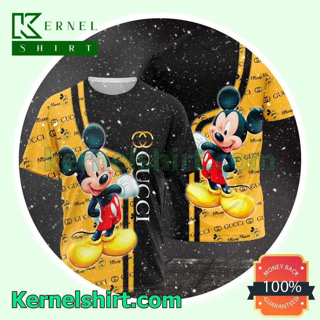 Gucci With Mickey Mouse Black And Yellow Logo 3D T-Shirt