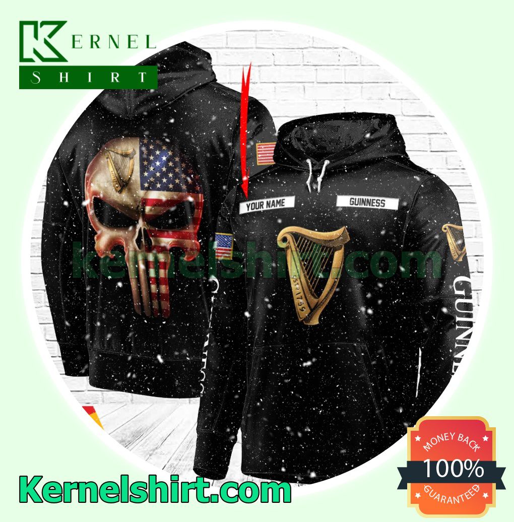 Guinness Beer Punisher Skull USA Flag Custom Name Hooded Sweatshirt