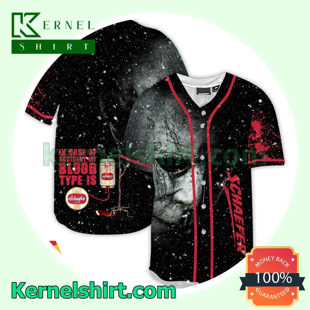 Halloween Horror Michael Myers Schaefer Beer In Case Of Accident My Blood Type Is Custom Baseball Jersey