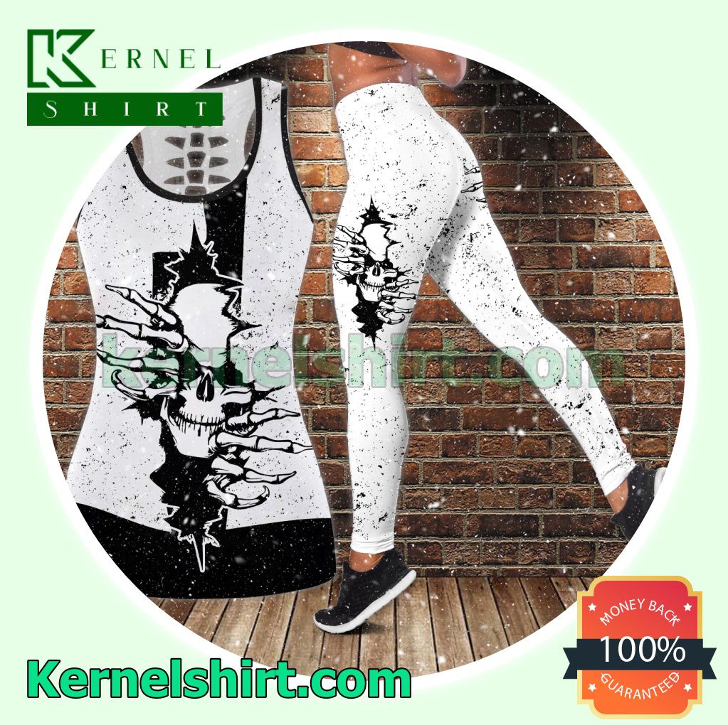 Halloween Skull Torn Ripped Black And White Hooded Sweatshirt Women Legging