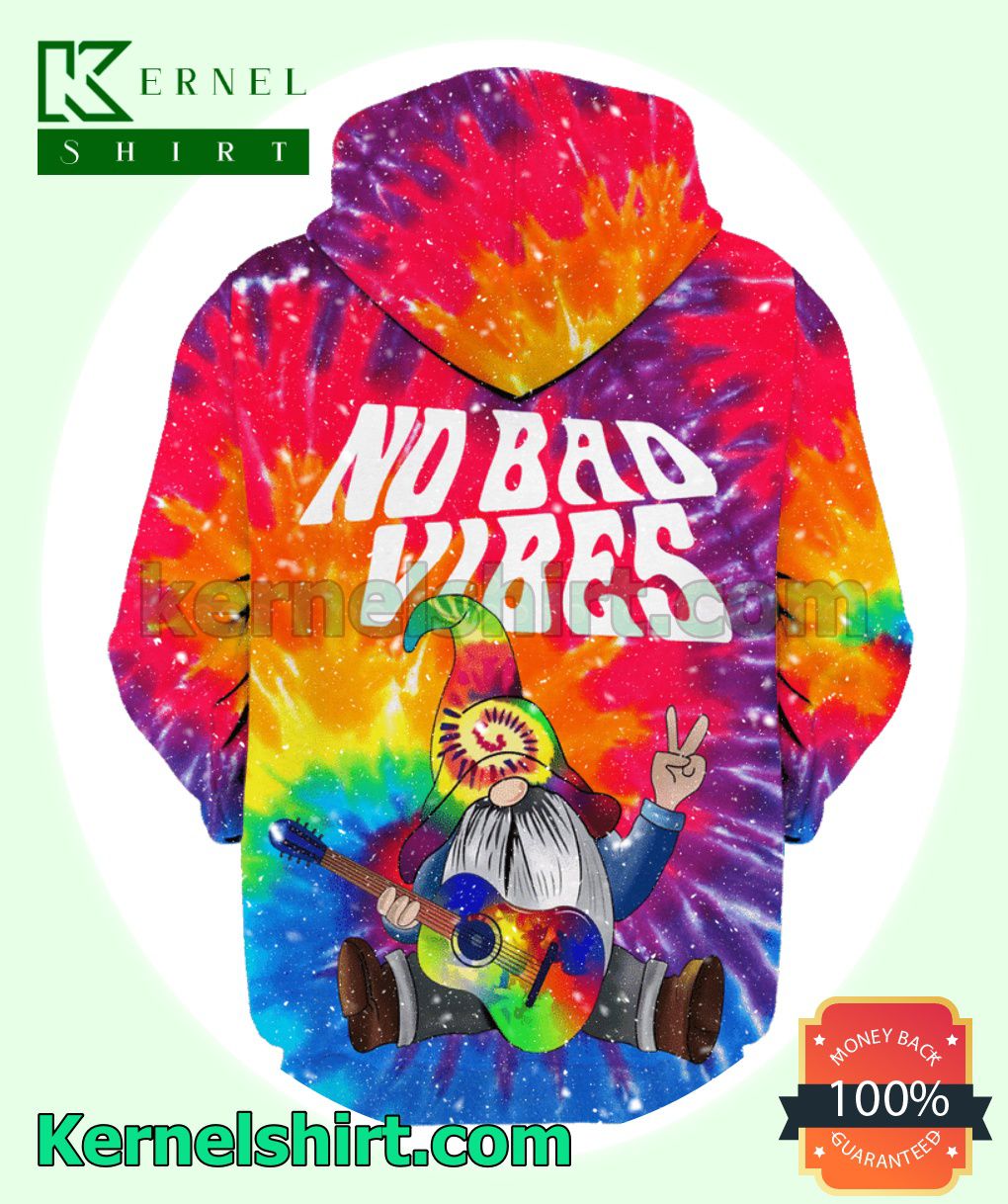 Hippie No Bad Vibes Tie Dye Gnome Peace Playing Guitar Fleece Hoodie a