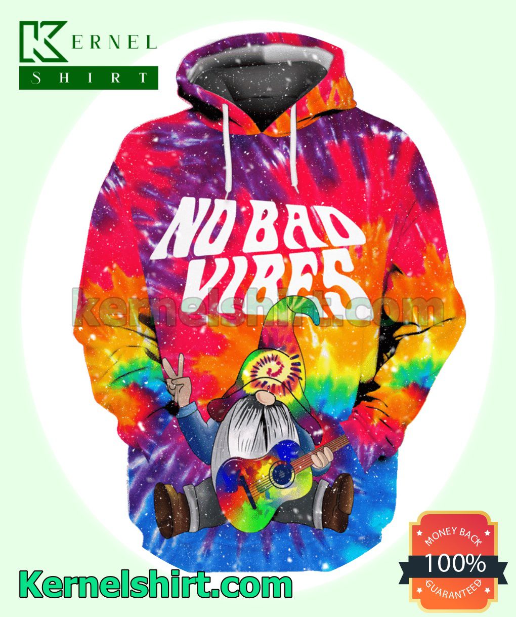 Hippie No Bad Vibes Tie Dye Gnome Peace Playing Guitar Fleece Hoodie