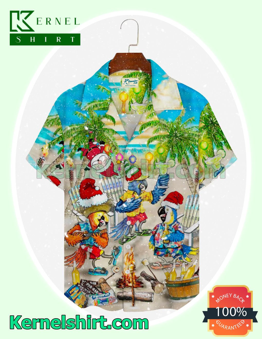 Holiday Christmas Beach Parrot Santa Cocktail Xmas Short Sleeve Shirts