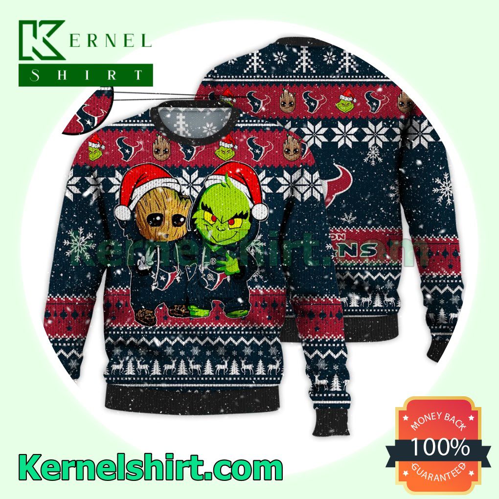Houston Texans Baby Groot And Grinch Xmas Knitted Sweater NFL Lover