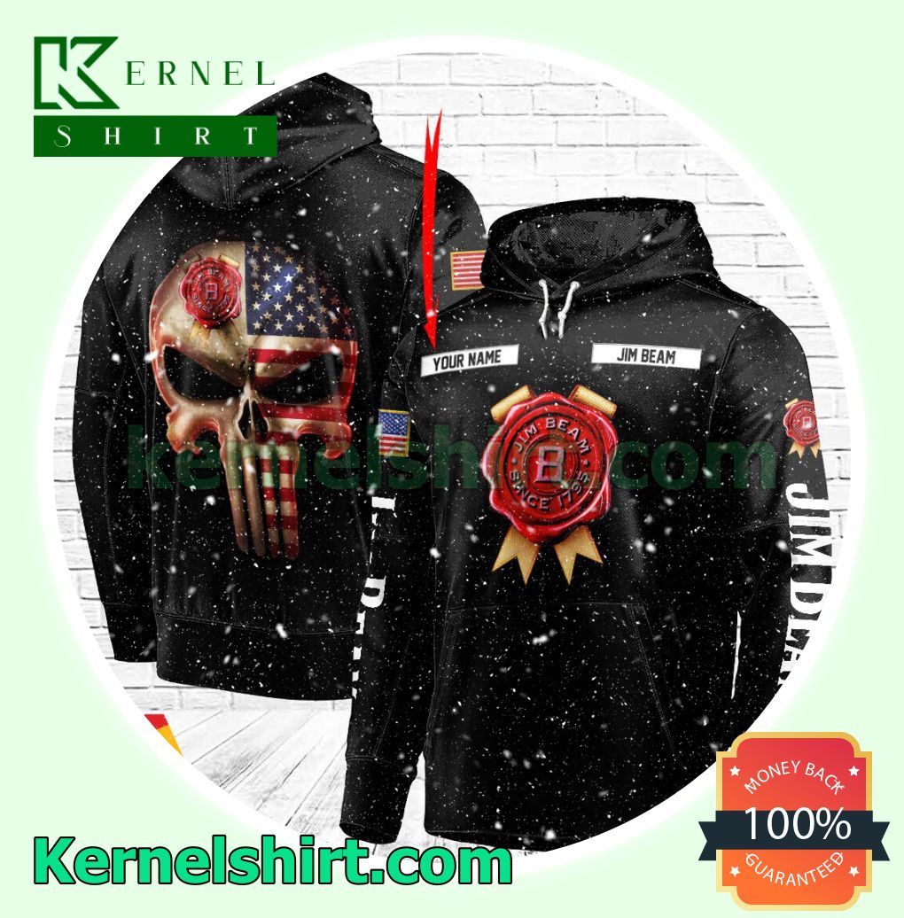 Jim Beam Punisher Skull USA Flag Custom Name Hooded Sweatshirt