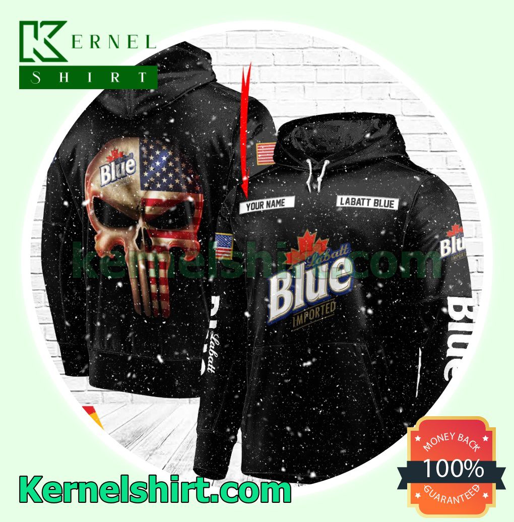 Labatt Blue Beer Punisher Skull USA Flag Custom Name Hooded Sweatshirt