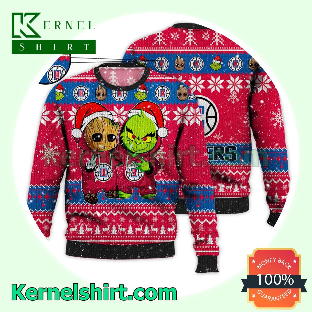 Los Angeles Clippers Baby Groot And Grinch Xmas Knitted Sweater NBA Lover
