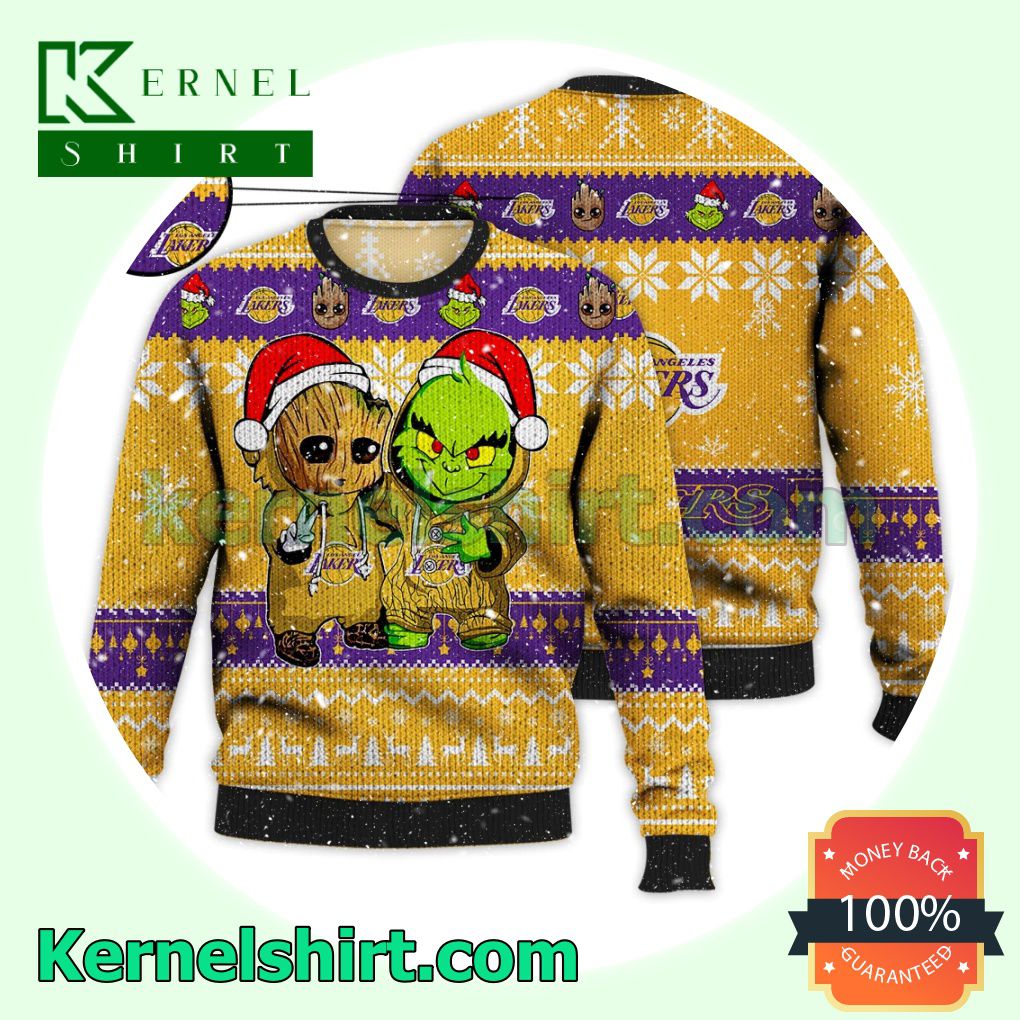 Los Angeles Lakers Baby Groot And Grinch Xmas Knitted Sweater NBA Lover