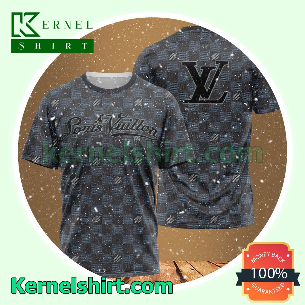 Louis Vuitton Black And Blue Checkerboard Full Print Logo 3D T-Shirt