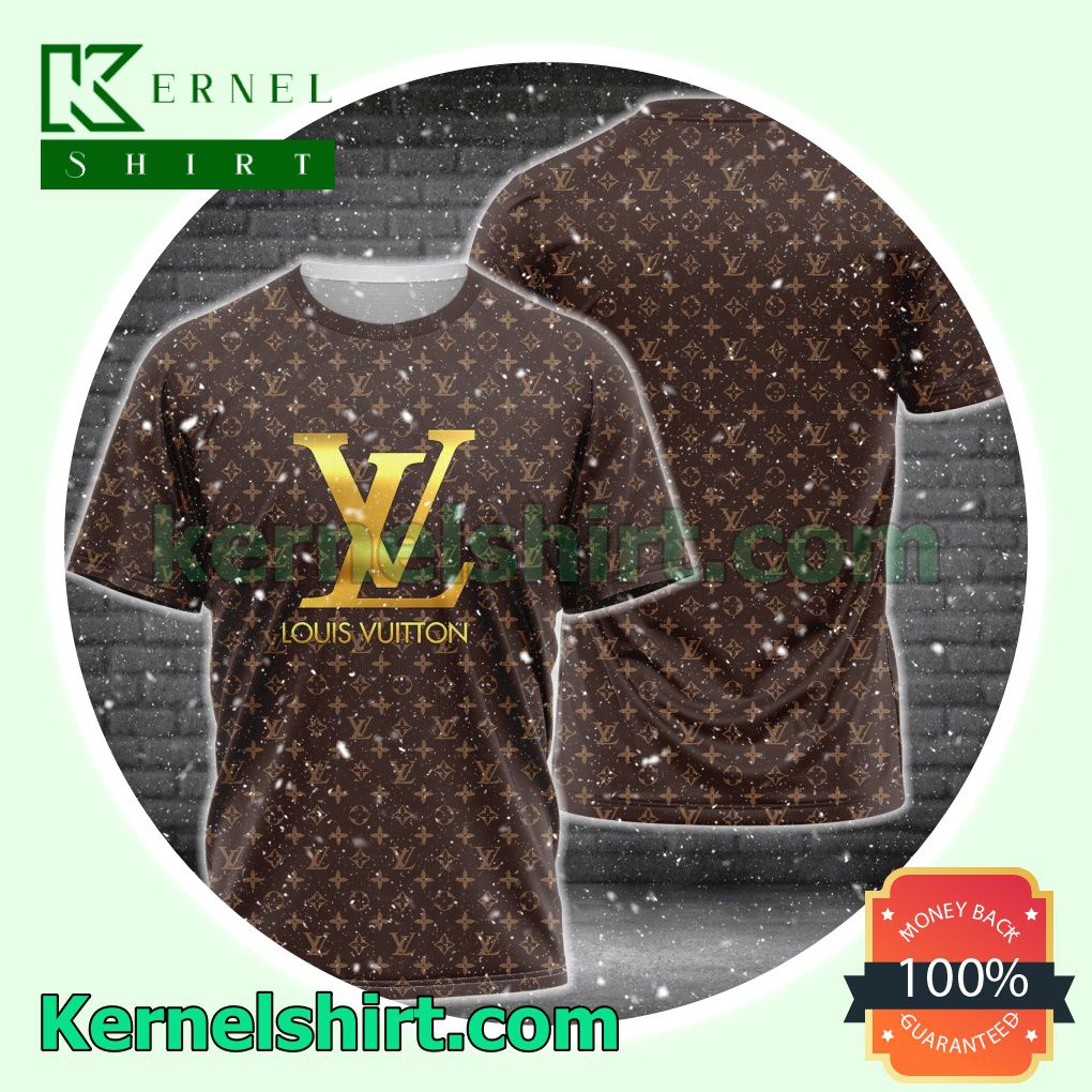 Louis Vuitton Dark Brown Monogram With Big Gold Logo Logo 3D T-Shirt