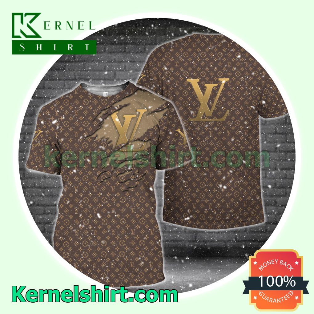 Louis Vuitton Logo Torn Ripped Dark Brown Monogram Logo 3D T-Shirt