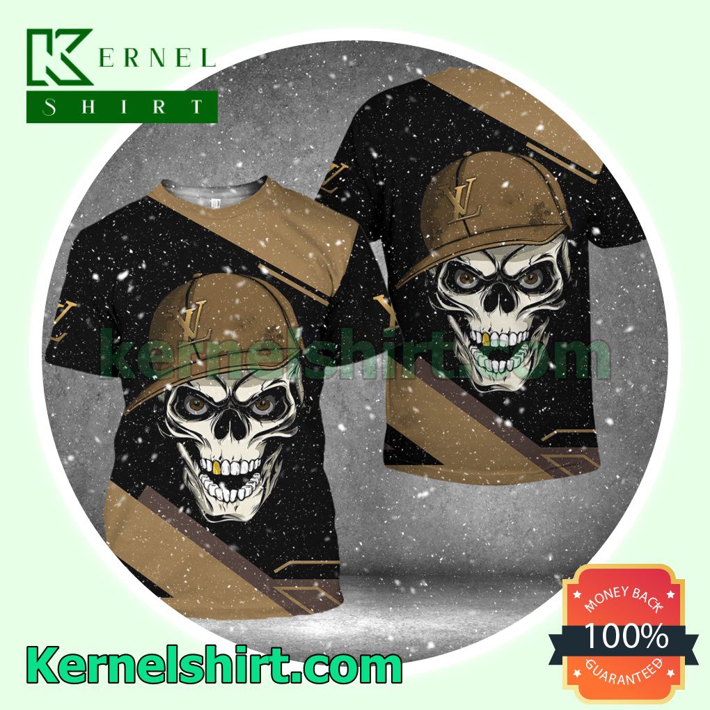 Louis Vuitton Skull Wearing Hat Black And Brown Logo 3D T-Shirt