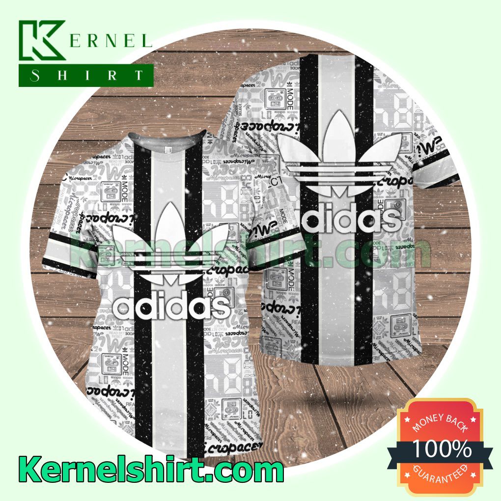 Luxury Adidas Brand Distinct Logo Grey Black Stripes Center Logo 3D T-Shirt