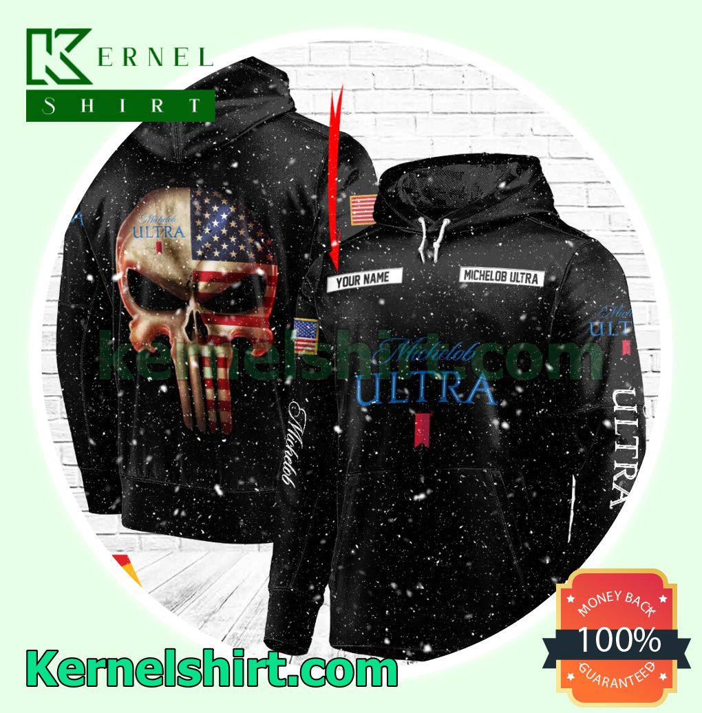 Michelob ULTRA Punisher Skull USA Flag Custom Name Hooded Sweatshirt