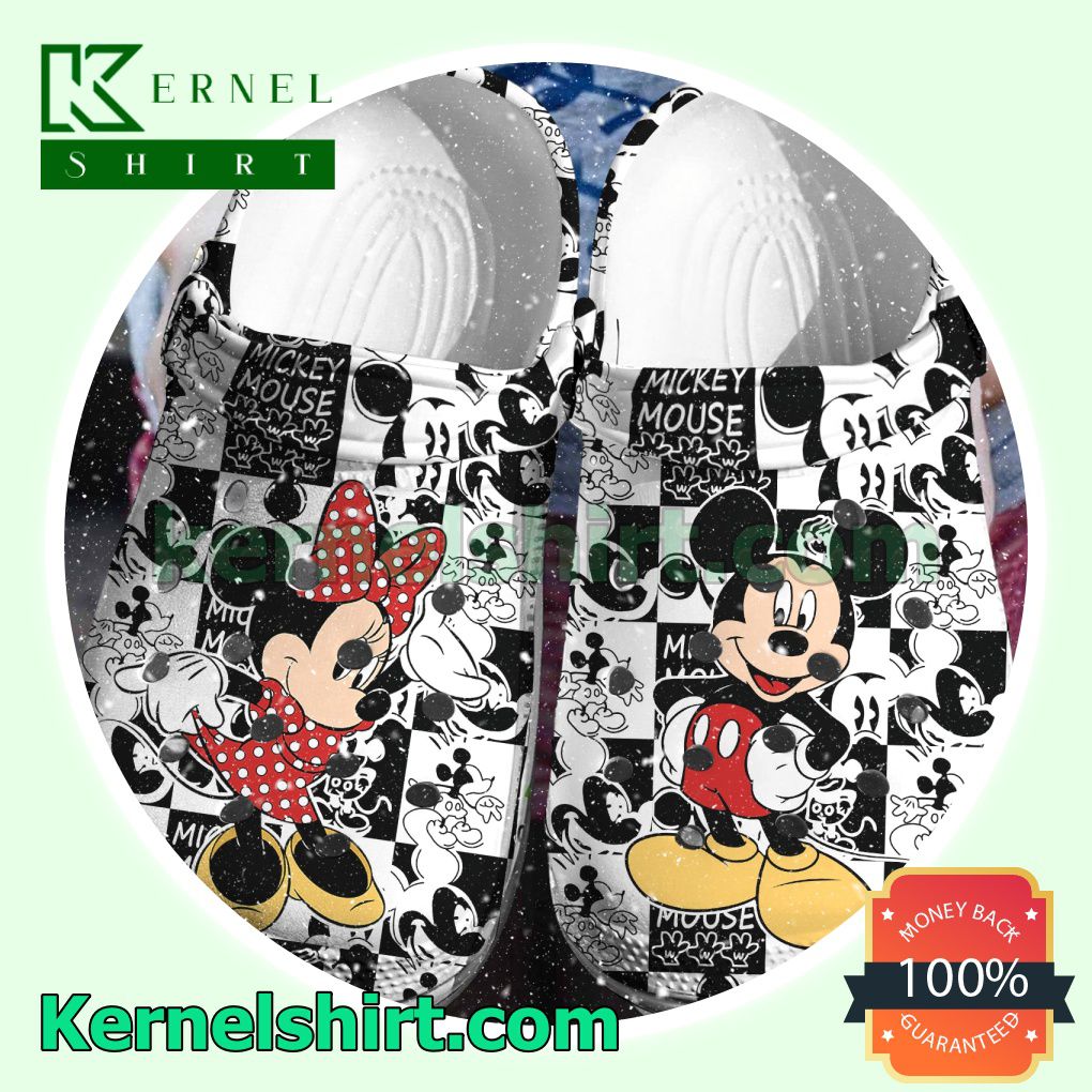 Mickey And Minnie Black And White Photo Collage Clogs Shoes Slippers Sandals