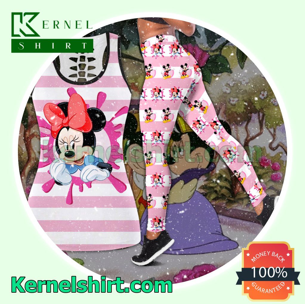 Mickey And Minnie Pink And White Stripes Hooded Sweatshirt Women Legging