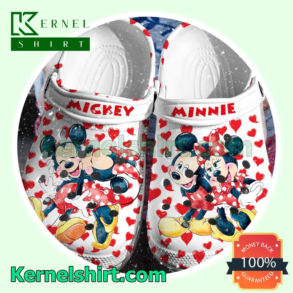 Mickey And Minnie Red Heart On White Clogs Shoes Slippers Sandals