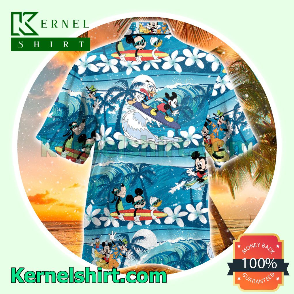 Mickey Blue Tropical Surfing With Palm Trees Summer Short Sleeve Shirt a