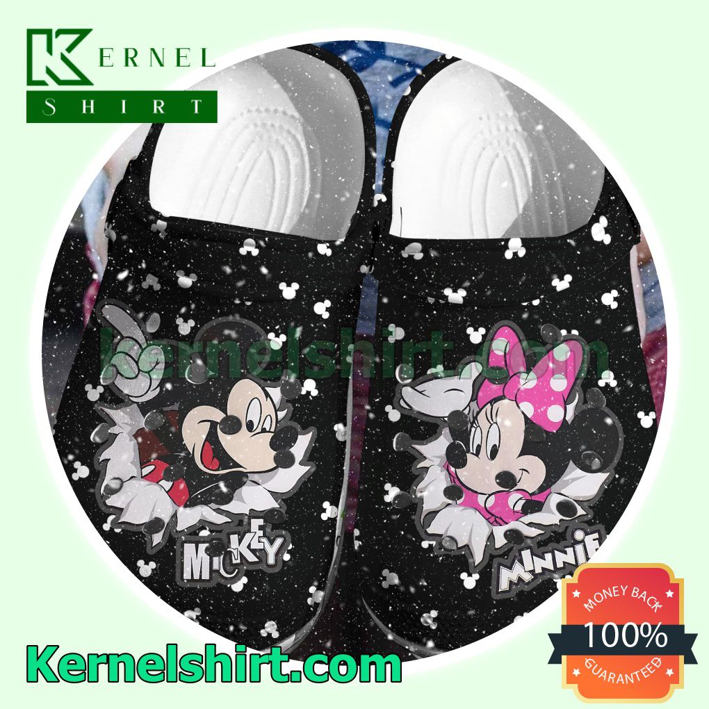 Mickey Mouse And Minnie Mouse Torn Paper Black Clogs Shoes Slippers Sandals