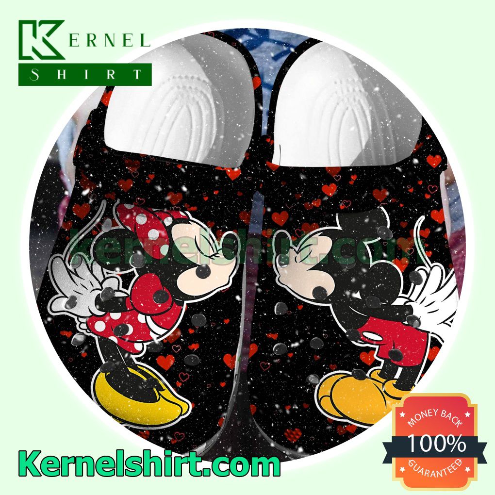 Mickey Mouse Kiss Minnie Mouse Heart On Black Clogs Shoes Slippers Sandals