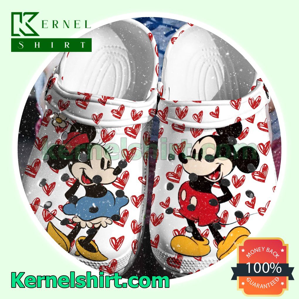 Mickey Mouse Kiss Minnie Mouse Heart On White Clogs Shoes Slippers Sandals