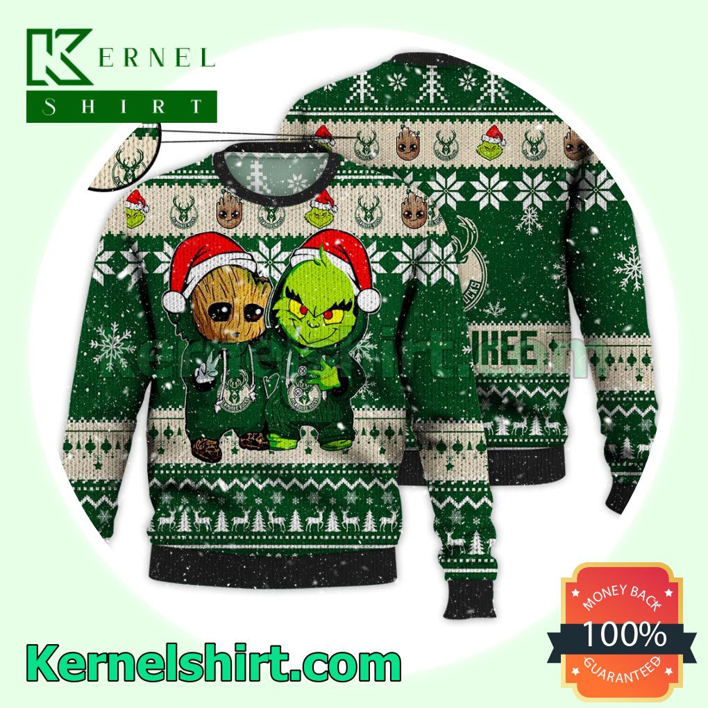 Milwaukee Bucks Baby Groot And Grinch Xmas Knitted Sweater NBA Lover