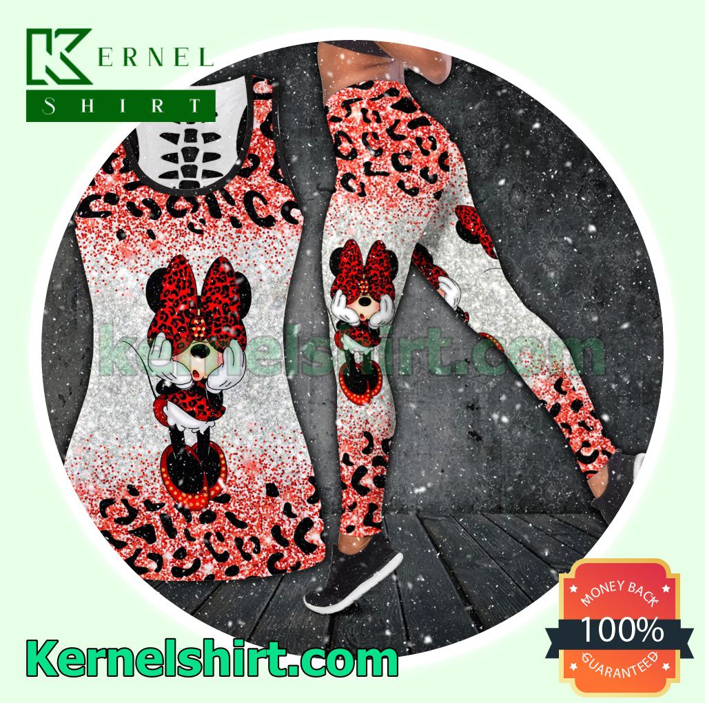 Minnie Mouse Leopard Red And Grey Glitter Hooded Sweatshirt Women Legging