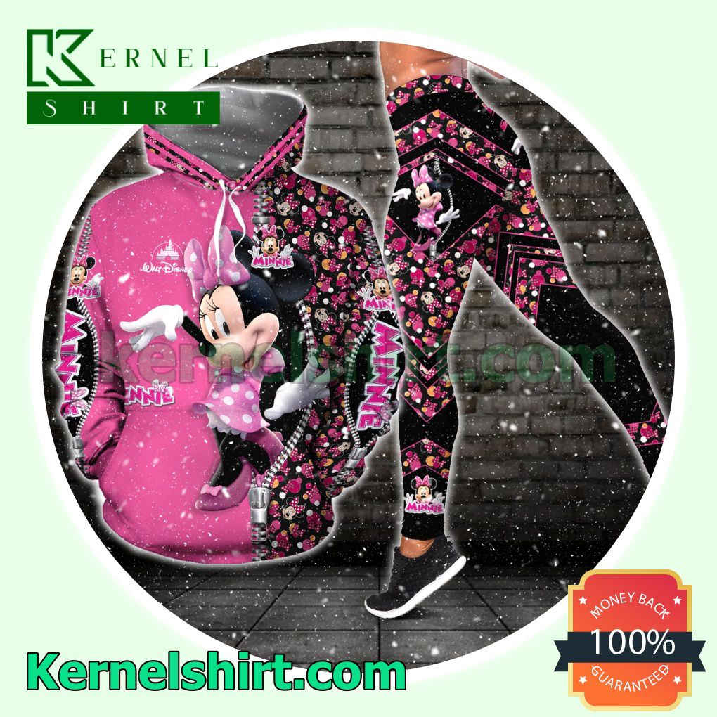 Minnie Mouse Zipper Pattern Pink Hooded Sweatshirt Women Legging