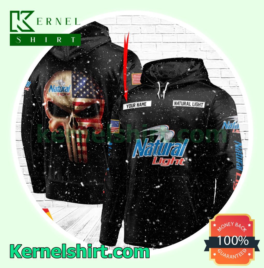 Natural Light Punisher Skull USA Flag Custom Name Hooded Sweatshirt
