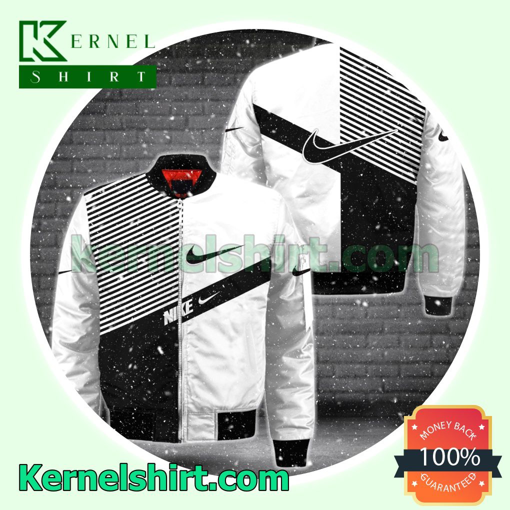 Nike Black And White With Diagonal Stripes Varsity Jacket Coat Outwear