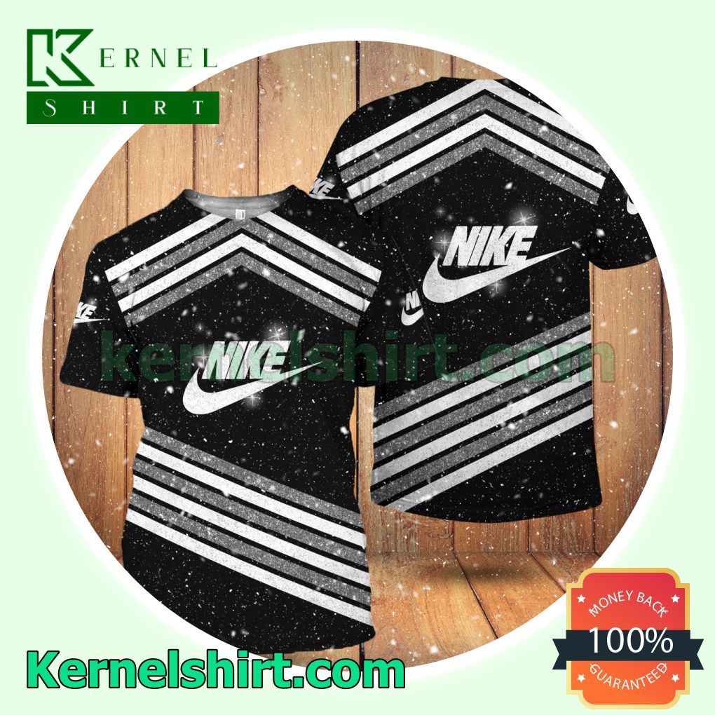 Nike White And Grey Glitter Stripes Logo 3D T-Shirt