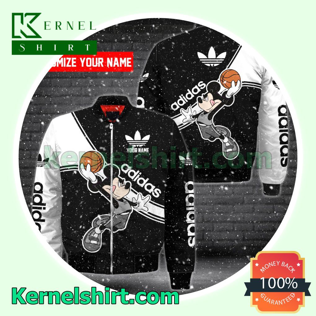 Personalized Adidas Mickey Mouse With Ball Black And White Varsity Jacket Coat Outwear