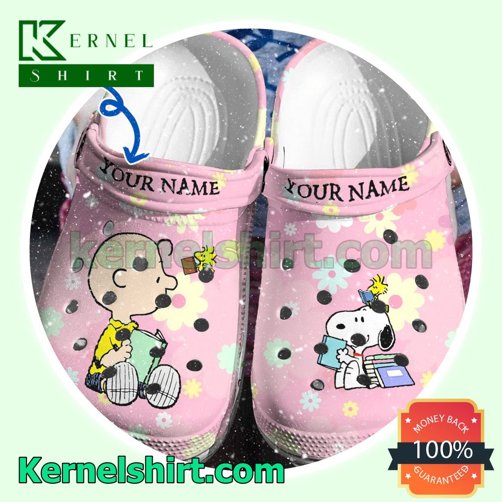 Personalized Charlie Brown And Snoopy Reading Books Clogs Shoes Slippers Sandals