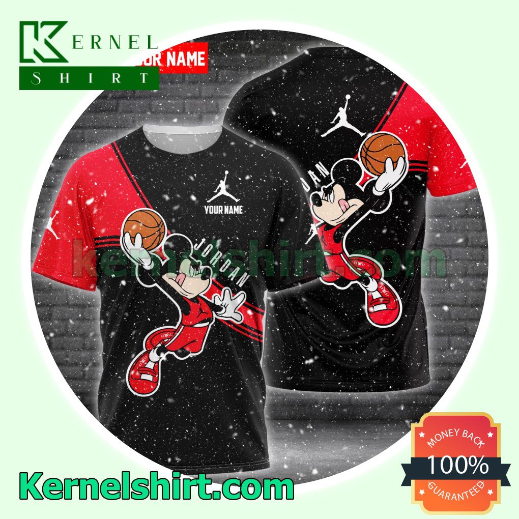 Personalized Jordan Mickey Mouse With Ball Black And Red Logo 3D T-Shirt