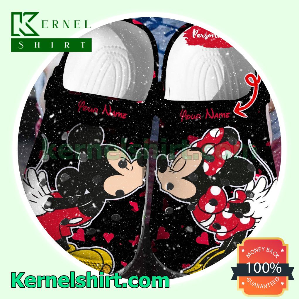 Personalized Mickey And Minnie Kiss Black Clogs Shoes Slippers Sandals