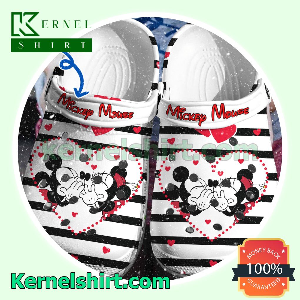 Personalized Mickey And Minnie Kiss Black White Stripe Clogs Shoes Slippers Sandals