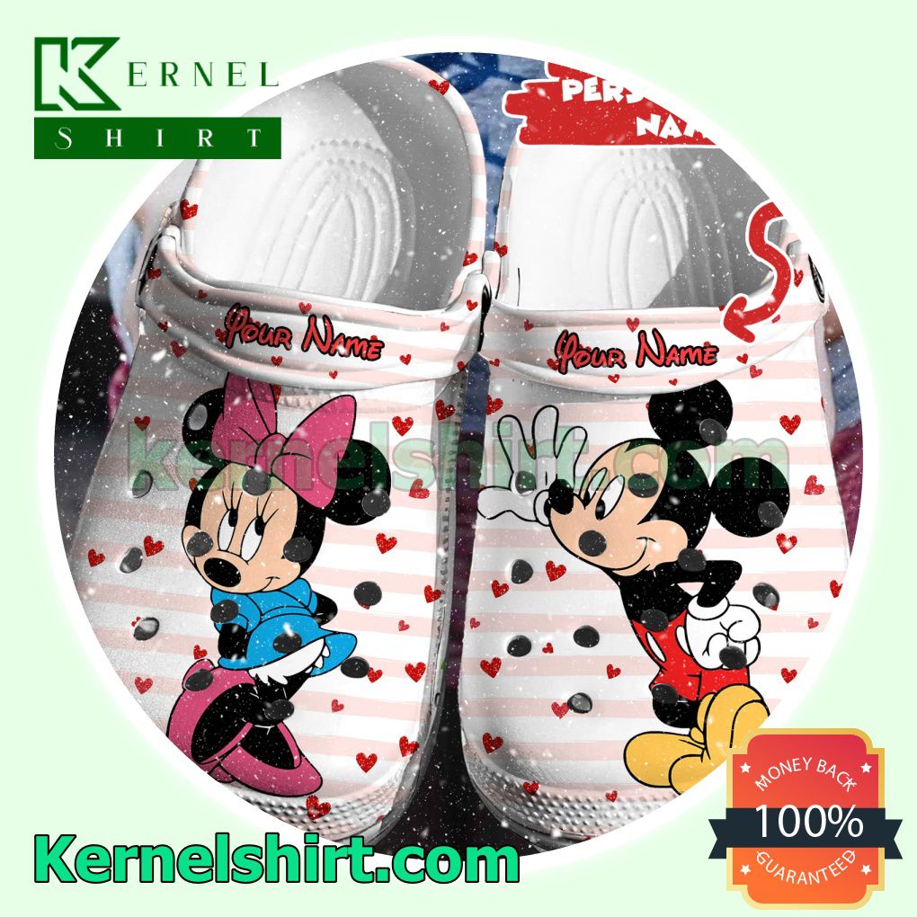 Personalized Mickey And Minnie Kiss Pink White Stripe Clogs Shoes Slippers Sandals